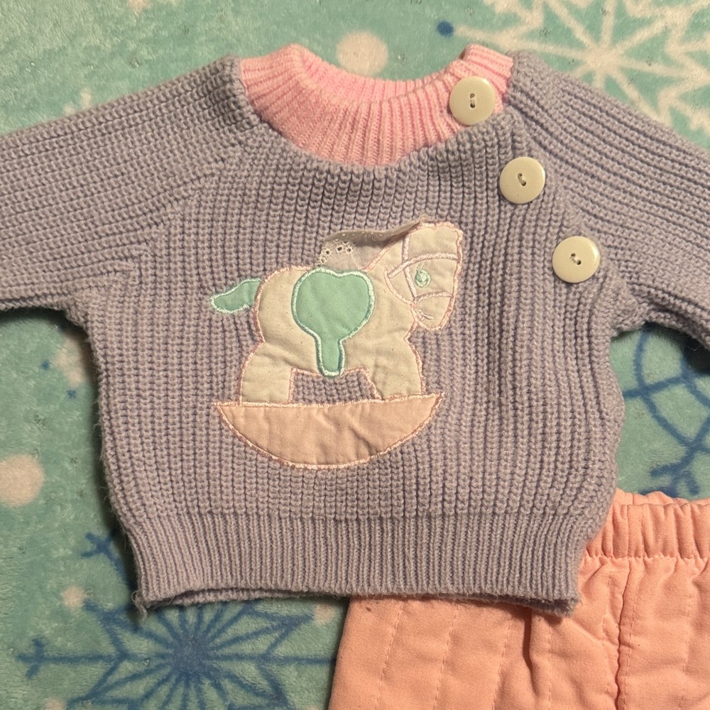 Vintage Childwise Brand Cute Knit Baby Sweater with Horse Design and pants.